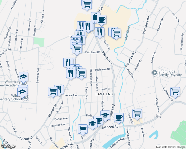 map of restaurants, bars, coffee shops, grocery stores, and more near 333 Atwood Avenue in Waterbury