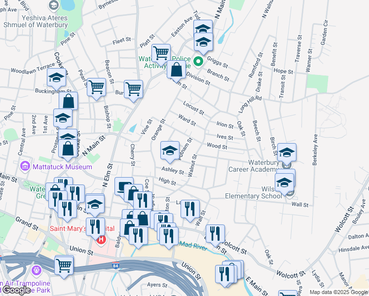 map of restaurants, bars, coffee shops, grocery stores, and more near 30 Putnam Street in Waterbury