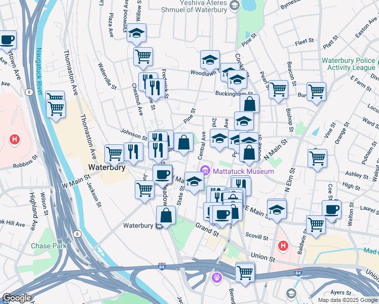 map of restaurants, bars, coffee shops, grocery stores, and more near 58 Holmes Avenue in Waterbury