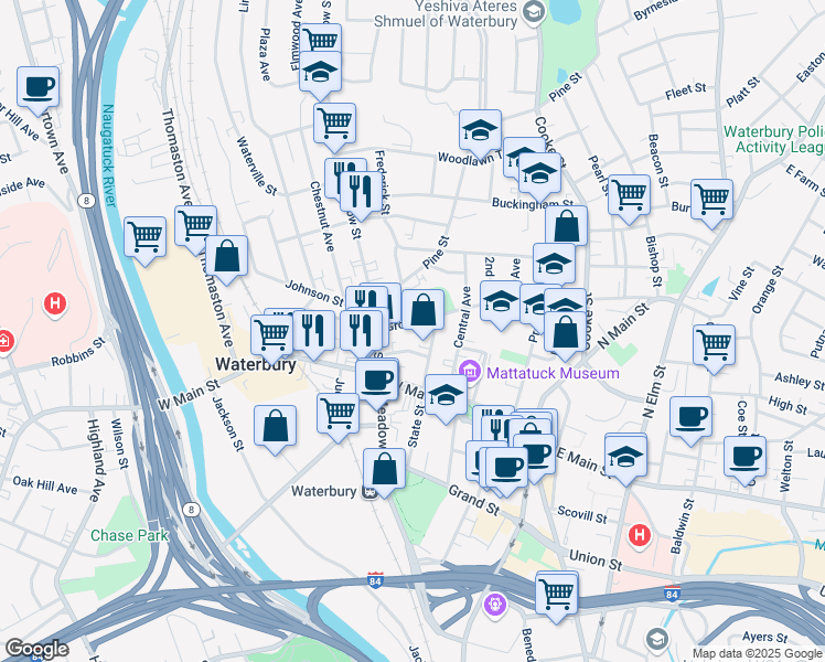 map of restaurants, bars, coffee shops, grocery stores, and more near 263 Grove Street in Waterbury