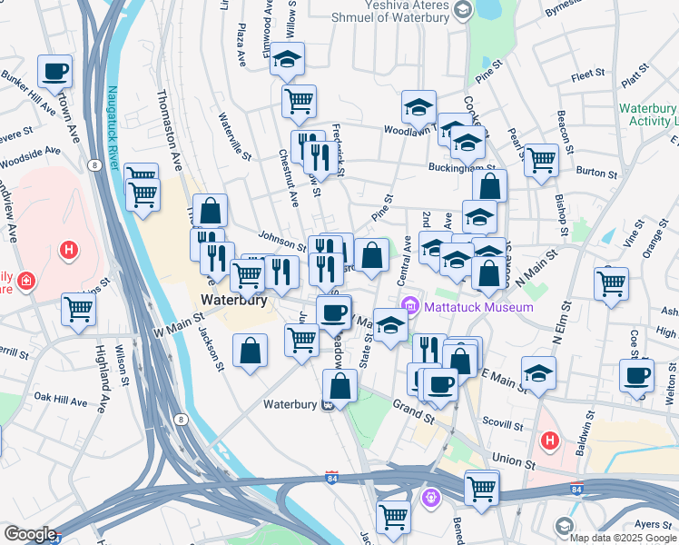 map of restaurants, bars, coffee shops, grocery stores, and more near 43 Willow Street in Waterbury