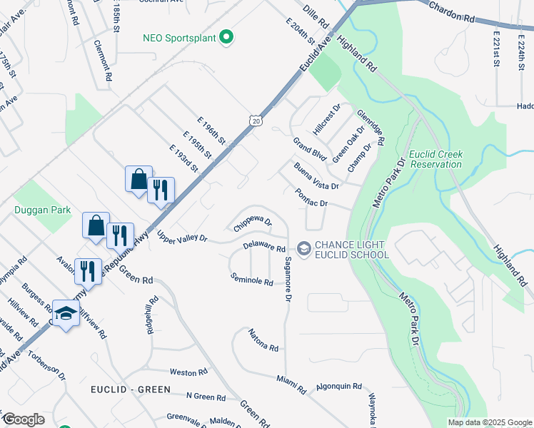 map of restaurants, bars, coffee shops, grocery stores, and more near 1780 Chippewa Drive in Euclid