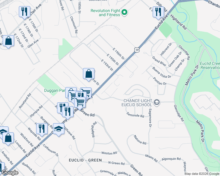 map of restaurants, bars, coffee shops, grocery stores, and more near 19107 Genesee Avenue in Euclid