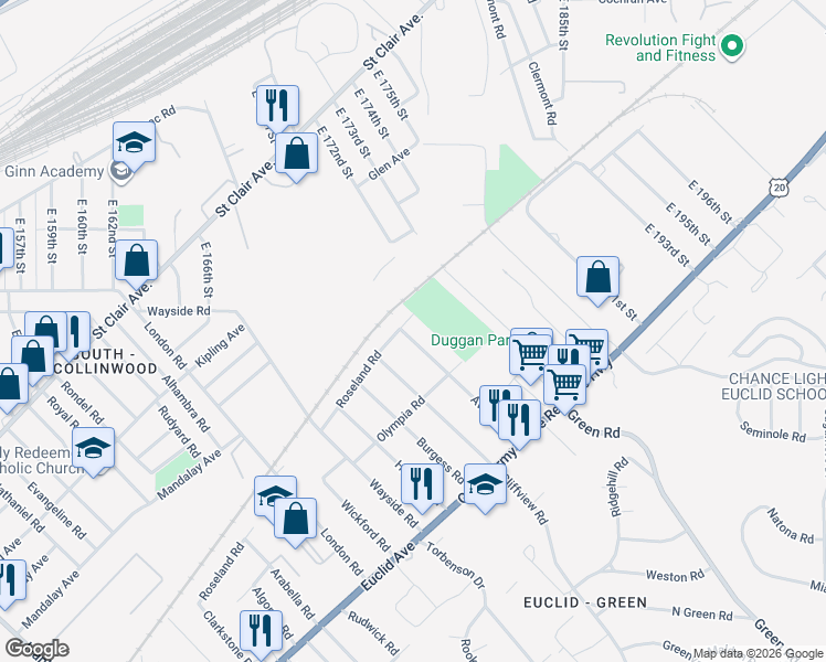 map of restaurants, bars, coffee shops, grocery stores, and more near 1630 Avalon Road in Cleveland