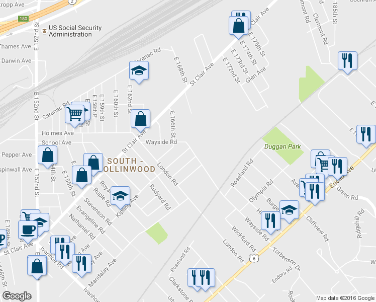 map of restaurants, bars, coffee shops, grocery stores, and more near 902 Wayside Road in Cleveland
