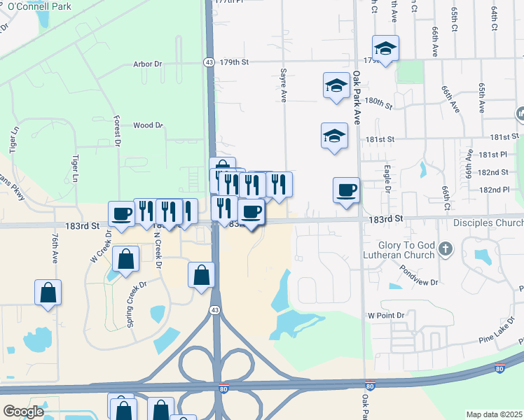 map of restaurants, bars, coffee shops, grocery stores, and more near 7181 183rd Street in Tinley Park