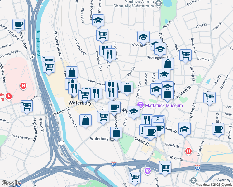 map of restaurants, bars, coffee shops, grocery stores, and more near 44 Willow Street in Waterbury