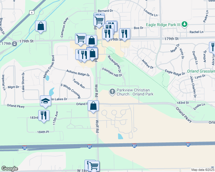 map of restaurants, bars, coffee shops, grocery stores, and more near 11131 Waters Edge Drive in Orland Park