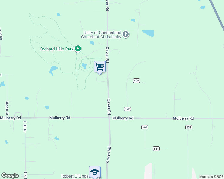 map of restaurants, bars, coffee shops, grocery stores, and more near 11465 Caves Road in Chesterland