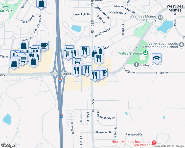map of restaurants, bars, coffee shops, grocery stores, and more near Mills Civic Pkwy & S 50th St in West Des Moines