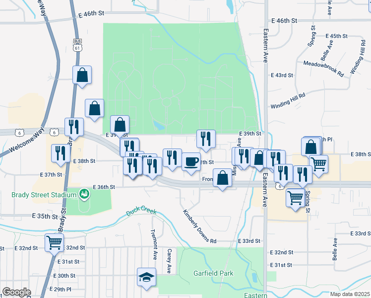 map of restaurants, bars, coffee shops, grocery stores, and more near 1140 East 37th Street in Davenport