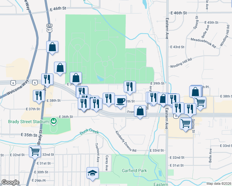 map of restaurants, bars, coffee shops, grocery stores, and more near 1141 East 39th Street in Davenport