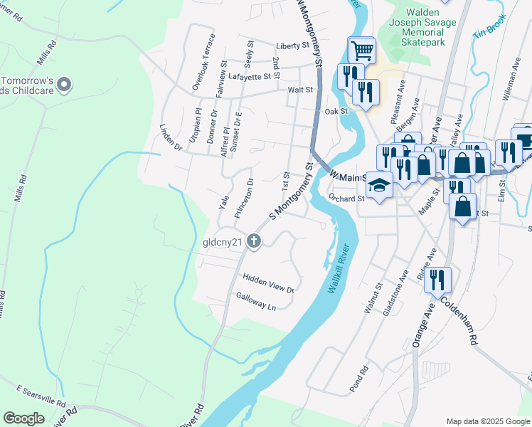 map of restaurants, bars, coffee shops, grocery stores, and more near 130 South Montgomery Street in Walden