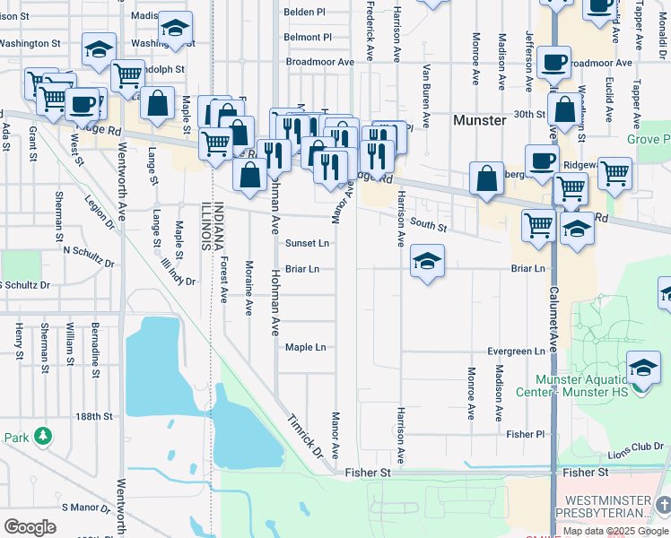 map of restaurants, bars, coffee shops, grocery stores, and more near 300 Briar Lane in Munster