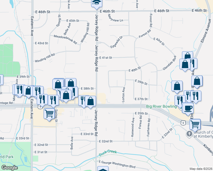 map of restaurants, bars, coffee shops, grocery stores, and more near 3800 Ridgewood Drive in Davenport
