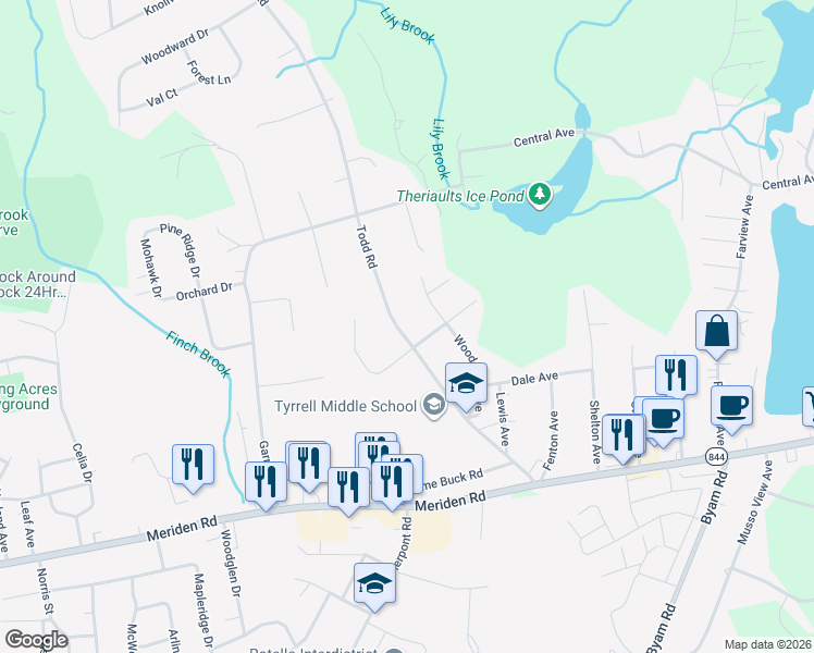 map of restaurants, bars, coffee shops, grocery stores, and more near 447 Todd Road in Wolcott
