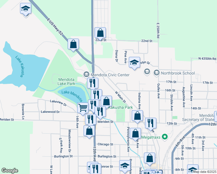 map of restaurants, bars, coffee shops, grocery stores, and more near 1708 West Main Street in Mendota