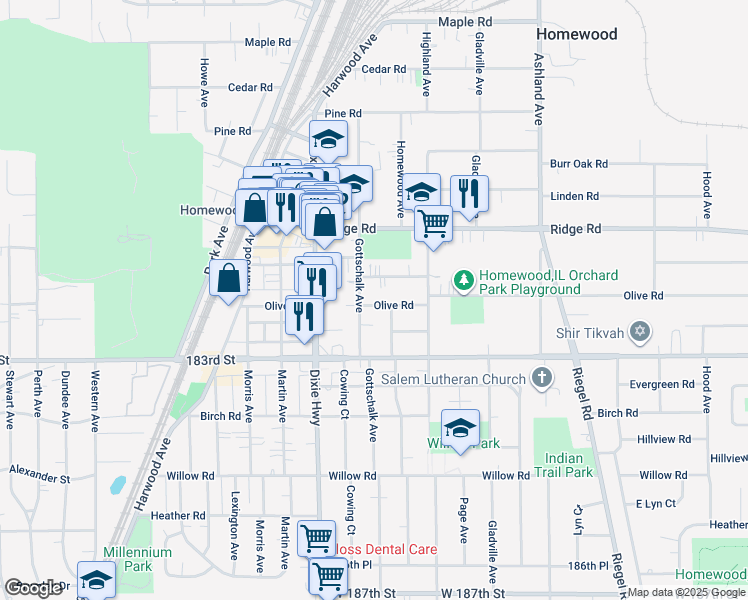 map of restaurants, bars, coffee shops, grocery stores, and more near 1862 Olive Road in Homewood