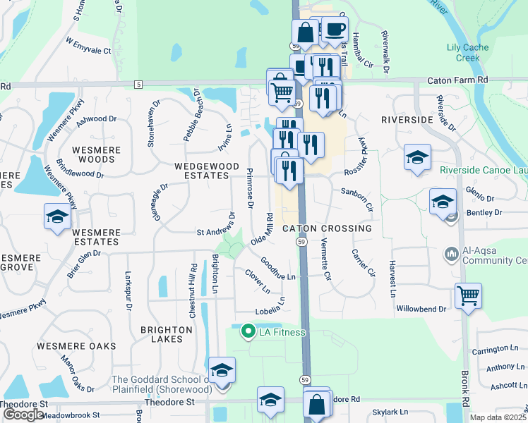 map of restaurants, bars, coffee shops, grocery stores, and more near 2010 Primrose Drive in Plainfield