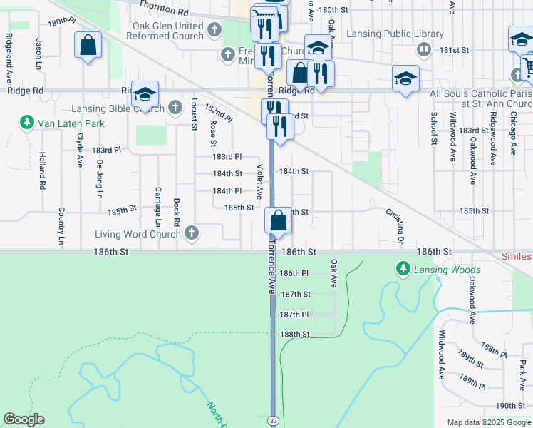 map of restaurants, bars, coffee shops, grocery stores, and more near 18514 Torrence Avenue in Lansing