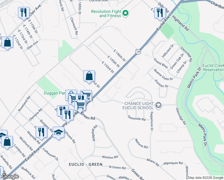 map of restaurants, bars, coffee shops, grocery stores, and more near 19107 Genesee Avenue in Euclid