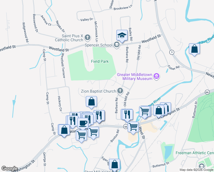 map of restaurants, bars, coffee shops, grocery stores, and more near 19 Navadon Parkway in Middletown