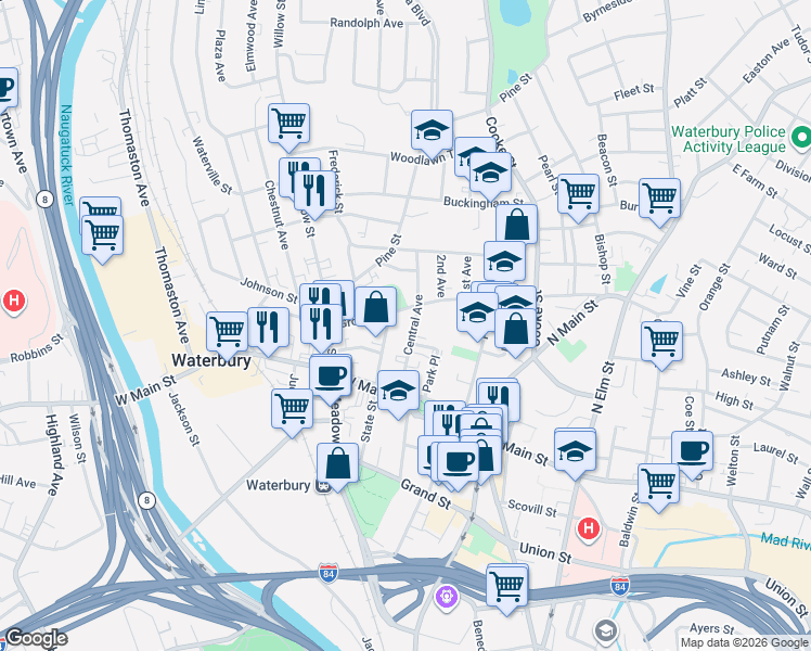 map of restaurants, bars, coffee shops, grocery stores, and more near 67 Central Avenue in Waterbury