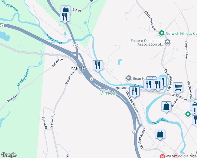 map of restaurants, bars, coffee shops, grocery stores, and more near 114 Yantic Road in Norwich