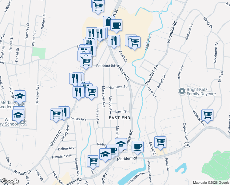 map of restaurants, bars, coffee shops, grocery stores, and more near 282 Mansfield Avenue in Waterbury