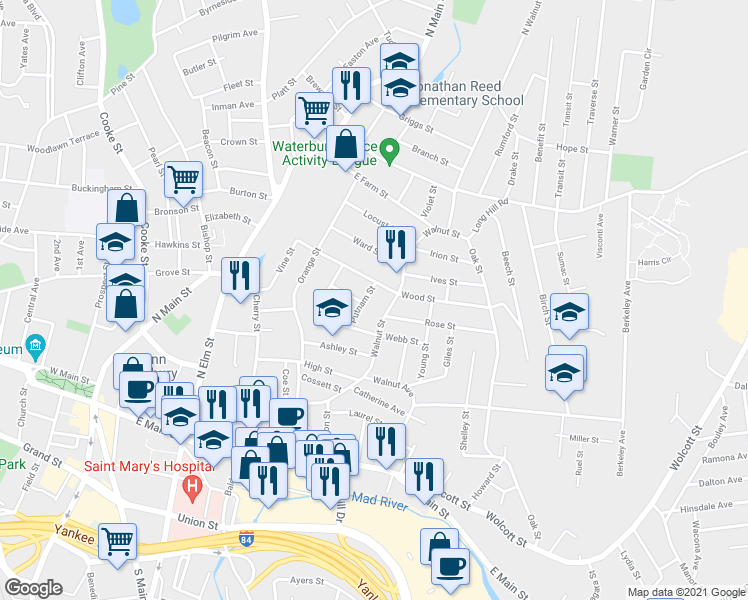 map of restaurants, bars, coffee shops, grocery stores, and more near 30 Putnam Street in Waterbury