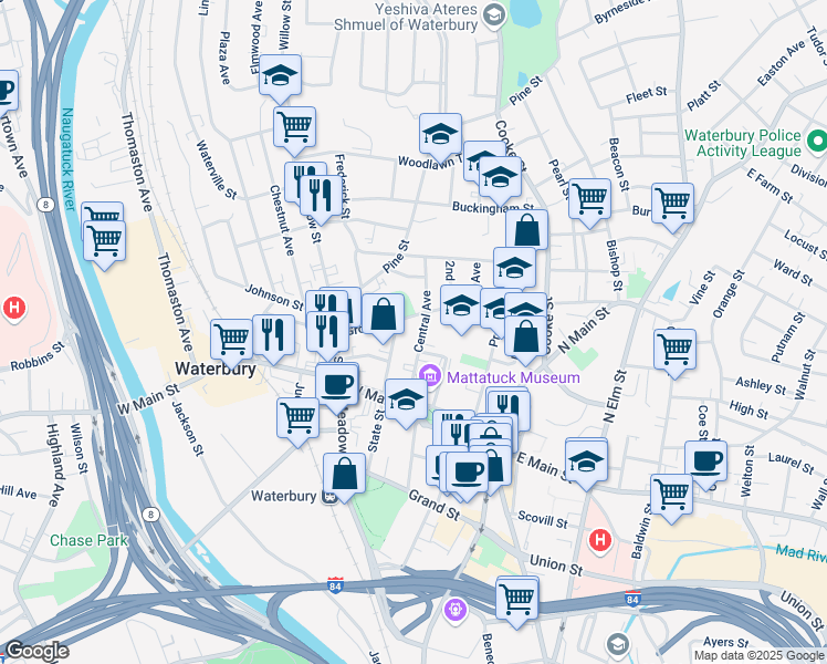 map of restaurants, bars, coffee shops, grocery stores, and more near 58 Holmes Avenue in Waterbury