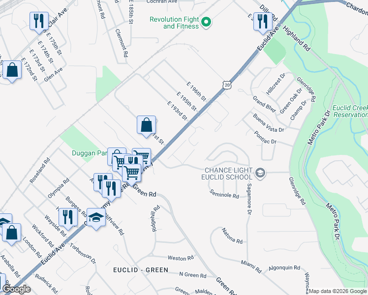 map of restaurants, bars, coffee shops, grocery stores, and more near 19107 Genesee Avenue in Euclid