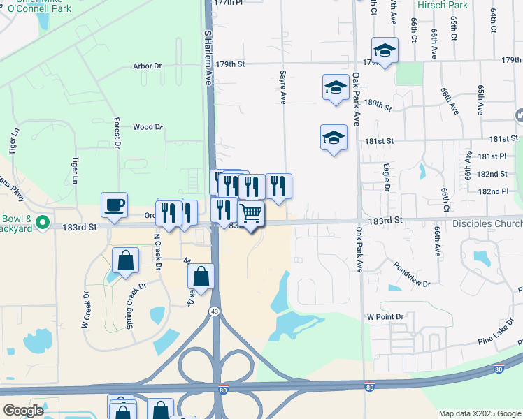map of restaurants, bars, coffee shops, grocery stores, and more near 7181 183rd Street in Tinley Park