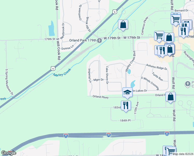 map of restaurants, bars, coffee shops, grocery stores, and more near 11725 Mgm Drive in Orland Park