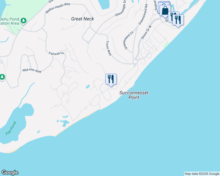 map of restaurants, bars, coffee shops, grocery stores, and more near 125 Shore Drive West in Mashpee
