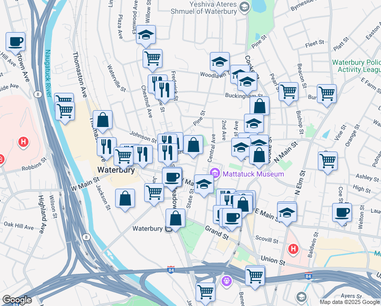 map of restaurants, bars, coffee shops, grocery stores, and more near 263 Grove Street in Waterbury