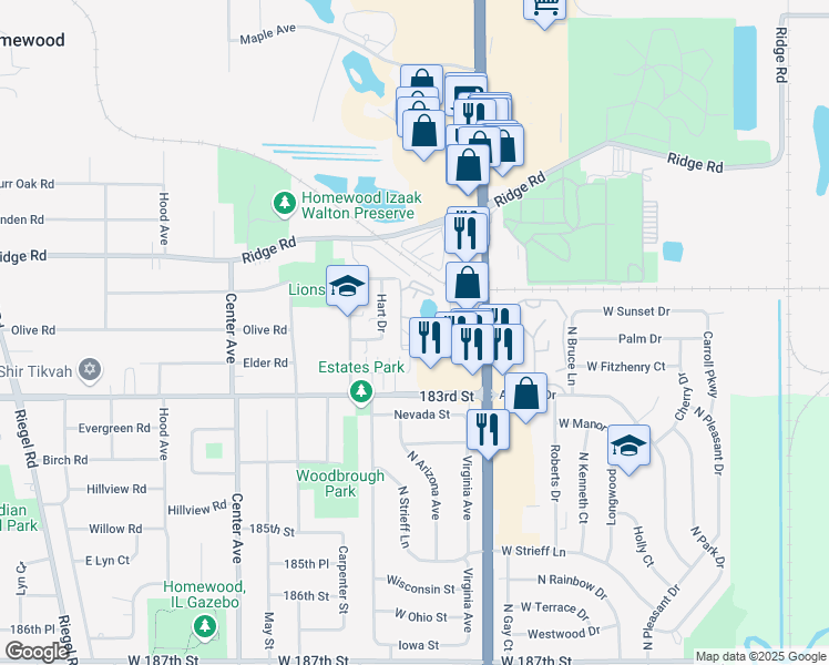 map of restaurants, bars, coffee shops, grocery stores, and more near 830 Elder Road in Homewood