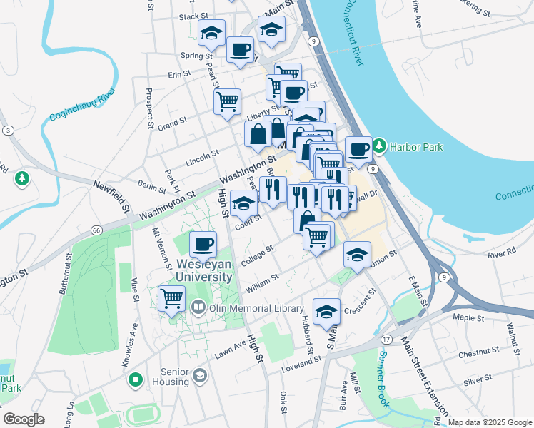 map of restaurants, bars, coffee shops, grocery stores, and more near Pearl Street & Court Street in Middletown