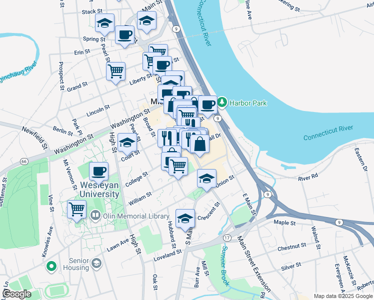 map of restaurants, bars, coffee shops, grocery stores, and more near 220 Dingwall Drive in Middletown