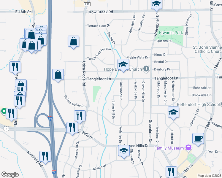map of restaurants, bars, coffee shops, grocery stores, and more near 3665 Sunny Hill Drive in Bettendorf
