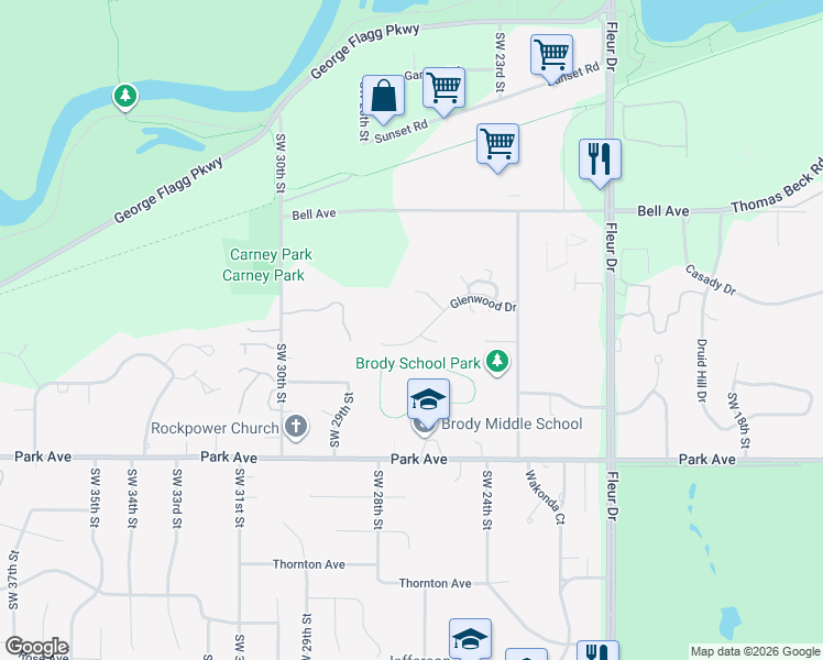 map of restaurants, bars, coffee shops, grocery stores, and more near 2701 Glenwood Drive in Des Moines