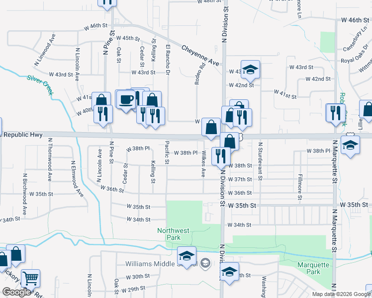 map of restaurants, bars, coffee shops, grocery stores, and more near 1840 W 38th Pl in Davenport