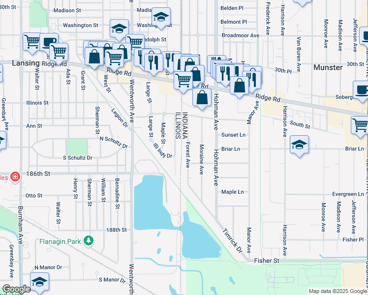 map of restaurants, bars, coffee shops, grocery stores, and more near 8504 Forest Avenue in Munster