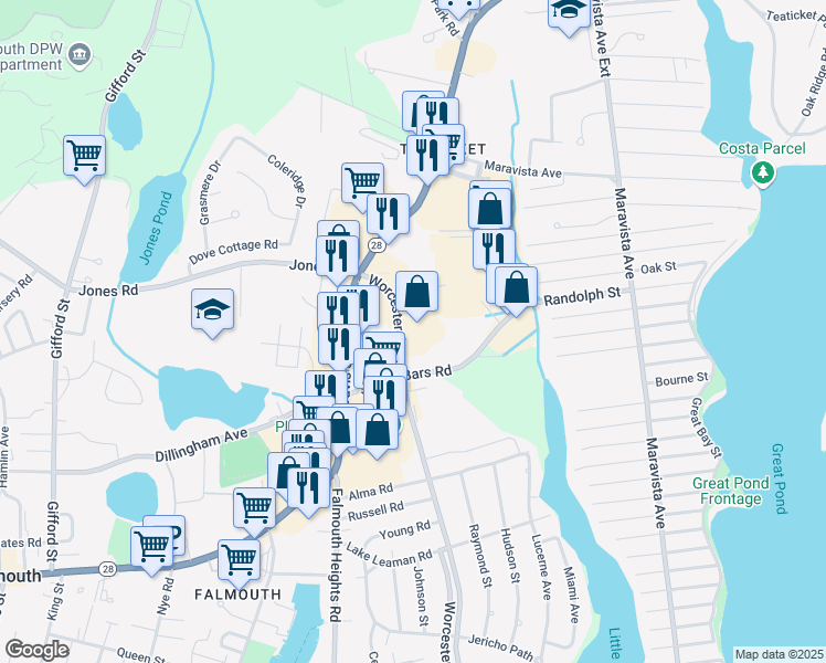 map of restaurants, bars, coffee shops, grocery stores, and more near 200 Worcester Court in Falmouth