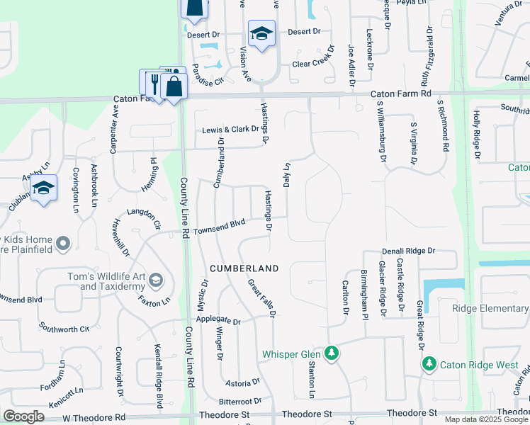 map of restaurants, bars, coffee shops, grocery stores, and more near 2105 Hastings Drive in Plainfield