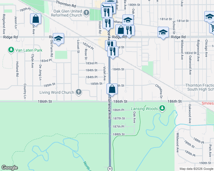 map of restaurants, bars, coffee shops, grocery stores, and more near 2355 185th Street in Lansing