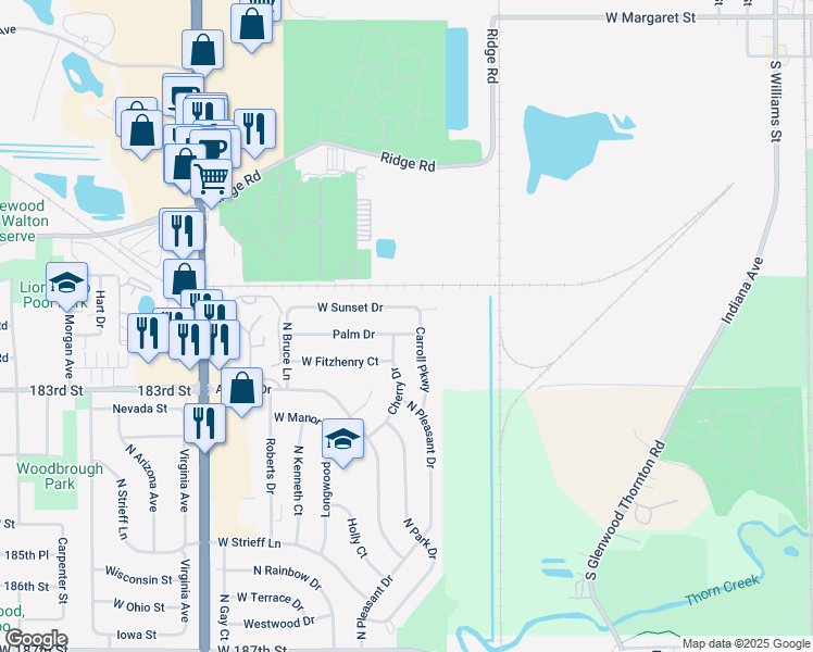 map of restaurants, bars, coffee shops, grocery stores, and more near 638 Palm Drive in Glenwood