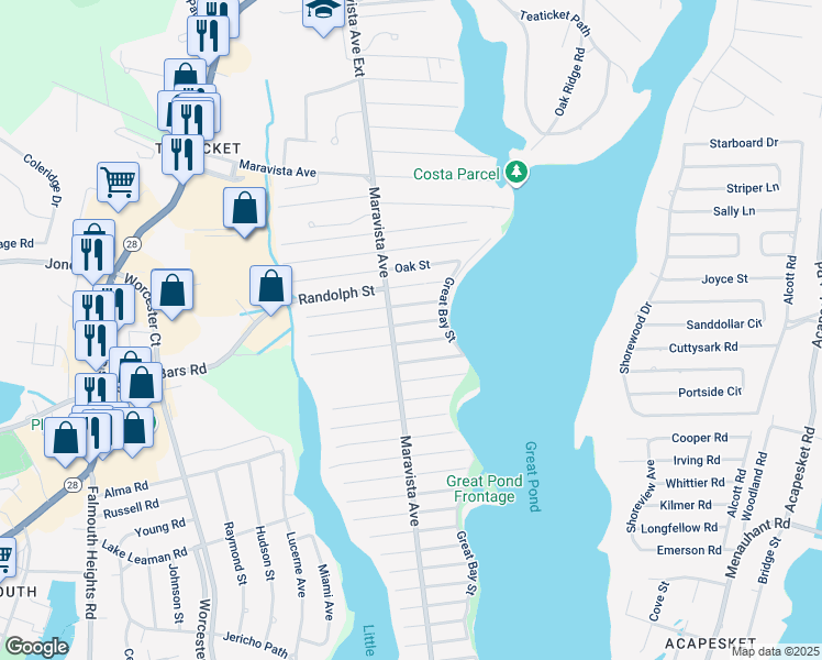 map of restaurants, bars, coffee shops, grocery stores, and more near 64 Cypress Street in Falmouth