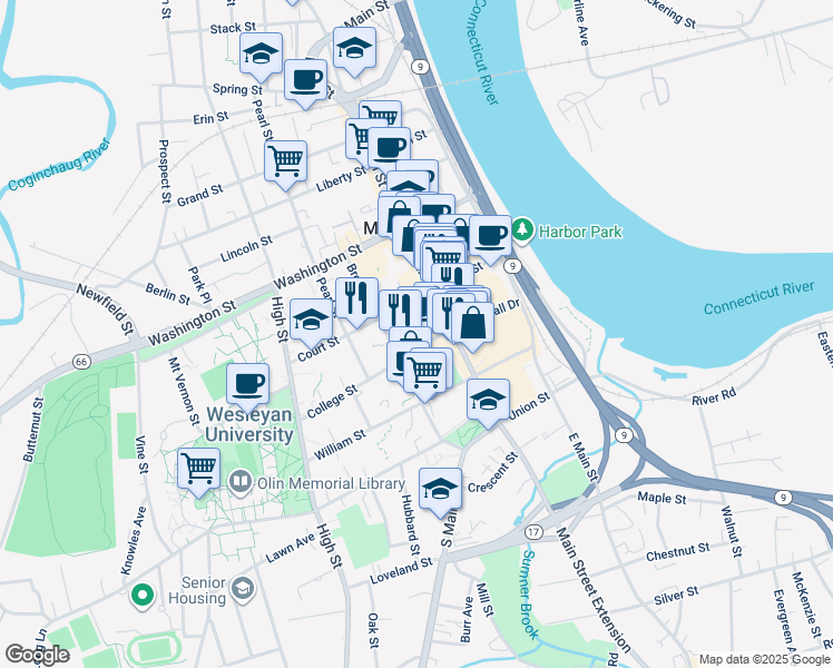 map of restaurants, bars, coffee shops, grocery stores, and more near 138 College Street in Middletown