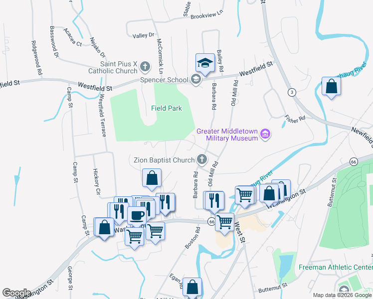 map of restaurants, bars, coffee shops, grocery stores, and more near 19 Navadon Parkway in Middletown